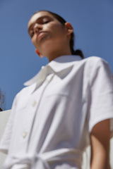 Short Sleeve Button-Down Linen Midi Dress with Belted Waist and Oversized Collar Detail