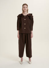 Elegant Ruffle-Collar Linen Blouse With Statement Buttons And Relaxed Tailored Silhouette