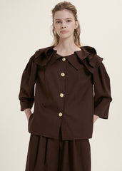 Elegant Ruffle-Collar Linen Blouse With Statement Buttons And Relaxed Tailored Silhouette