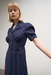 Linen Button-Down Midi Dress with Belted Waist, Puff Sleeves, and Notched Lapel Collar