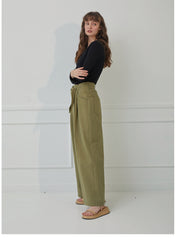 High-Waisted Wide-Leg Linen Pants with Front Tie Belt and Back Patch Pockets