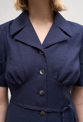 Linen Button-Down Midi Dress with Belted Waist, Puff Sleeves, and Notched Lapel Collar