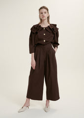 Elegant Ruffle-Collar Linen Blouse With Statement Buttons And Relaxed Tailored Silhouette