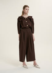 Elegant Ruffle-Collar Linen Blouse With Statement Buttons And Relaxed Tailored Silhouette