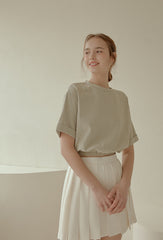 Cropped Linen Blouse with Elastic Waist and Rolled Short Sleeves for Everyday Comfort