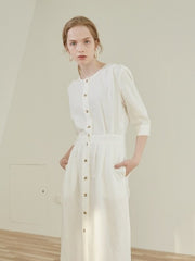 Linen Midi Dress with Front Button Closure, Fitted Waist and 3/4 Sleeves for Everyday Elegance