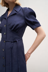 Linen Button-Down Midi Dress with Belted Waist, Puff Sleeves, and Notched Lapel Collar