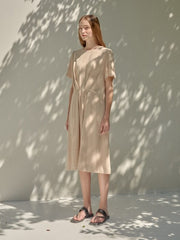 Elegant Short Sleeve Linen Dress With Natural Drape And Defined Waistline For Women