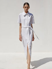 Short Sleeve Button-Down Linen Midi Dress with Belted Waist and Oversized Collar Detail
