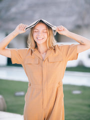 Linen Utility Jumpsuit with Short Sleeves and Tailored Collared Design