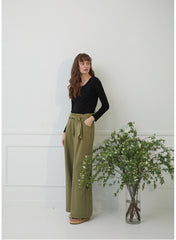 High-Waisted Wide-Leg Linen Pants with Front Tie Belt and Back Patch Pockets
