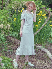 Pleated Cold-Shoulder Linen Dress with Bow Strap and Midi Hemline