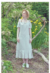 Pleated Cold-Shoulder Linen Dress with Bow Strap and Midi Hemline