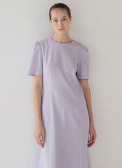 Minimalist Linen Midi Dress with Puff Shoulder Detail and Soft A-Line Silhouette