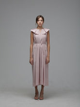 Sleeveless Cotton Poplin Midi Dress with Ruffle Collar and Pleated Waist Belt Detail