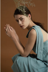 Asymmetric Tiered Linen Dress with Shoulder Tie Detail