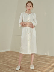 Linen Midi Dress with Front Button Closure, Fitted Waist and 3/4 Sleeves for Everyday Elegance