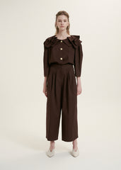 Elegant Ruffle-Collar Linen Blouse With Statement Buttons And Relaxed Tailored Silhouette