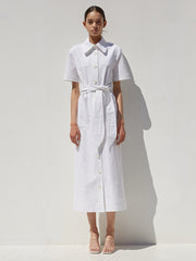 Short Sleeve Button-Down Linen Midi Dress with Belted Waist and Oversized Collar Detail