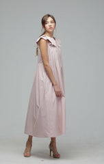 Sleeveless Cotton Poplin Midi Dress with Ruffle Collar and Pleated Waist Belt Detail