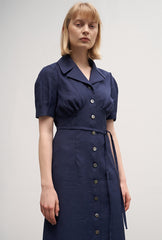 Linen Button-Down Midi Dress with Belted Waist, Puff Sleeves, and Notched Lapel Collar