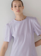 Minimalist Linen Midi Dress with Puff Shoulder Detail and Soft A-Line Silhouette