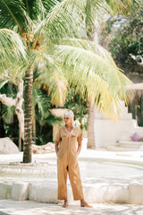 Linen Utility Jumpsuit with Short Sleeves and Tailored Collared Design