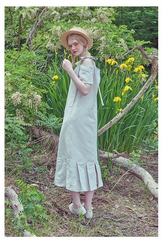 Pleated Cold-Shoulder Linen Dress with Bow Strap and Midi Hemline