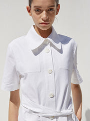 Short Sleeve Button-Down Linen Midi Dress with Belted Waist and Oversized Collar Detail
