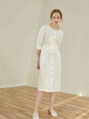 Linen Midi Dress with Front Button Closure, Fitted Waist and 3/4 Sleeves for Everyday Elegance