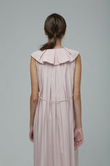 Sleeveless Cotton Poplin Midi Dress with Ruffle Collar and Pleated Waist Belt Detail