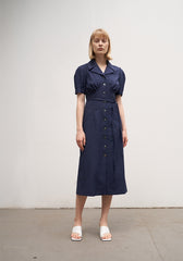 Linen Button-Down Midi Dress with Belted Waist, Puff Sleeves, and Notched Lapel Collar