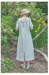 Pleated Cold-Shoulder Linen Dress with Bow Strap and Midi Hemline