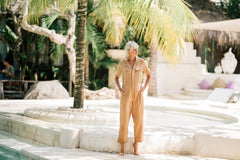 Linen Utility Jumpsuit with Short Sleeves and Tailored Collared Design