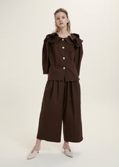 Elegant Ruffle-Collar Linen Blouse With Statement Buttons And Relaxed Tailored Silhouette