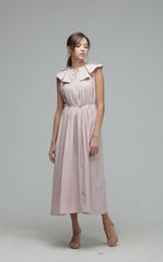 Sleeveless Cotton Poplin Midi Dress with Ruffle Collar and Pleated Waist Belt Detail