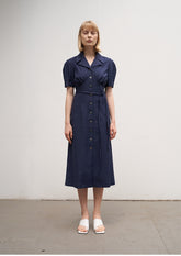 Linen Button-Down Midi Dress with Belted Waist, Puff Sleeves, and Notched Lapel Collar