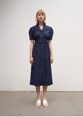 Linen Button-Down Midi Dress with Belted Waist, Puff Sleeves, and Notched Lapel Collar