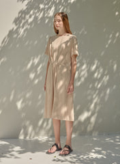 Elegant Short Sleeve Linen Dress With Natural Drape And Defined Waistline For Women