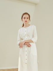 Linen Midi Dress with Front Button Closure, Fitted Waist and 3/4 Sleeves for Everyday Elegance