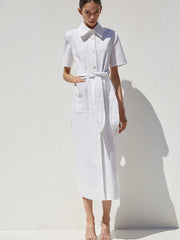 Short Sleeve Button-Down Linen Midi Dress with Belted Waist and Oversized Collar Detail