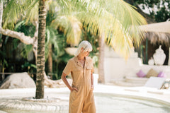 Linen Utility Jumpsuit with Short Sleeves and Tailored Collared Design