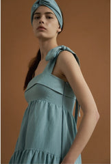 Asymmetric Tiered Linen Dress with Shoulder Tie Detail
