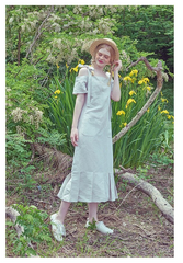 Pleated Cold-Shoulder Linen Dress with Bow Strap and Midi Hemline