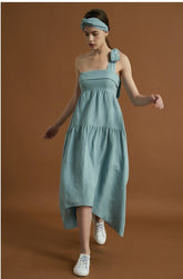 Asymmetric Tiered Linen Dress with Shoulder Tie Detail