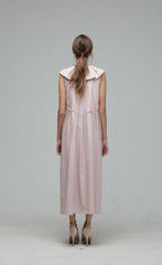 Sleeveless Cotton Poplin Midi Dress with Ruffle Collar and Pleated Waist Belt Detail