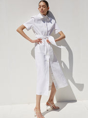 Short Sleeve Button-Down Linen Midi Dress with Belted Waist and Oversized Collar Detail