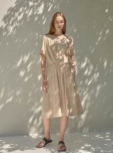 Elegant Short Sleeve Linen Dress With Natural Drape And Defined Waistline For Women