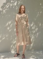 Elegant Short Sleeve Linen Dress With Natural Drape And Defined Waistline For Women