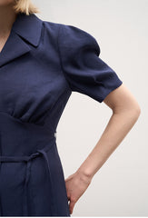 Linen Button-Down Midi Dress with Belted Waist, Puff Sleeves, and Notched Lapel Collar